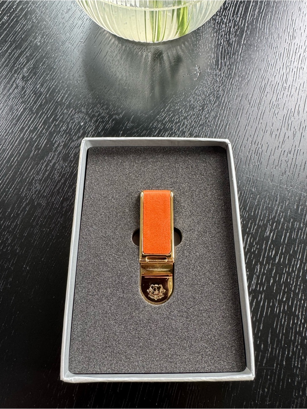 Gold Money Clip with Orange Leather Accent